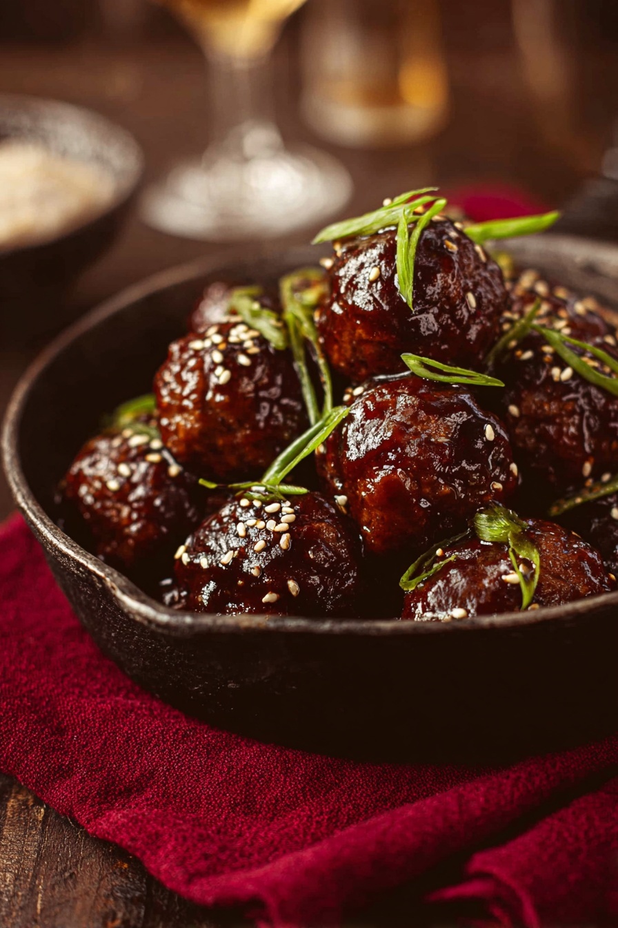 Korean Meatballs with Spicy Gochujang Glaze, Korean meatball recipe, spicy Korean meatballs, gochujang meatball appetizer, Korean flavors meatball dish - A rustic dark pan filled with shiny dark brown meatballs stacked in two layers, each meatball coated with a thick glossy sauce, sprinkled with small sesame seeds and garnished with thin bright green sliced scallions scattered over the top. The pan rests on a deep red cloth, with a soft-focus brown background and a blurred glass in the distance, creating a cozy atmosphere. photo taken with an iphone --ar 2:3 --v 7