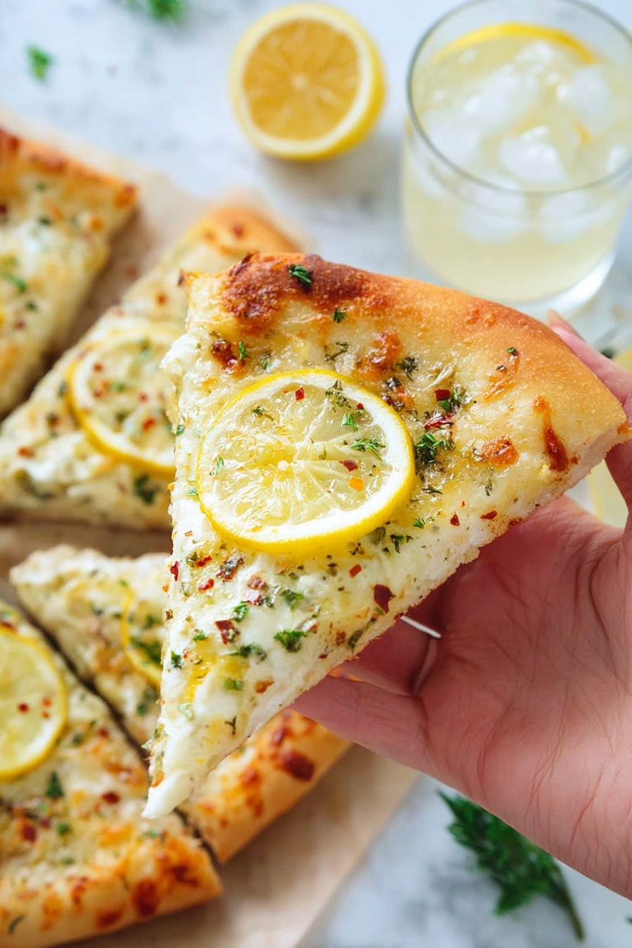 Lemon Mozzarella Pizza, lemon mozzarella pizza recipe, easy lemon pizza, citrus pizza ideas, gourmet pizza with lemon - A golden-baked pizza with a thick, fluffy crust sits on a white marbled surface, topped with a white creamy cheese layer spread evenly across its base. Over the cheese, there are green leafy herbs scattered around and three thin, round lemon slices placed on the top right, center, and bottom left areas of the pizza. There are small flakes of red pepper sprinkled across the surface, adding subtle speckles of color. Fresh green parsley leaves are dotted around the pizza, enhancing its fresh look. Around the pizza, there are extra lemon wedges and parsley leaves resting on the white marbled texture. Near the bottom, a small white bowl filled with light yellow grated cheese is placed close by. photo taken with an iphone --ar 2:3 --v 7