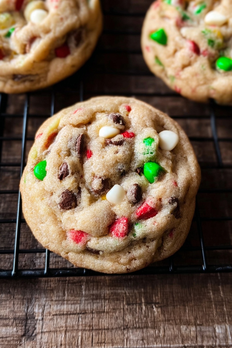 Christmas Chocolate Chip Cookies, holiday chocolate chip cookie recipe, festive Christmas cookies, soft chewy chocolate chip cookies, easy Christmas baking - The image shows seven round cookies cooling on a black wire rack. Each cookie has a thick, soft texture with little ridges and bumps on the surface. The cookies are a light brown color with many colorful red, green, and blue sprinkles mixed inside, along with small white and dark brown chocolate chips spread evenly throughout. The wire rack sits on a wooden surface, creating a warm and cozy feeling. The cookies look freshly baked with slightly golden edges and a slightly shiny top. photo taken with an iphone --ar 2:3 --v 7