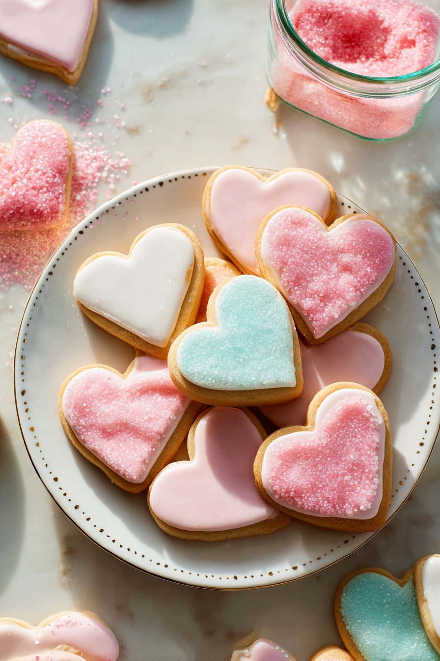 Soft Cut-Out Sugar Cookies, easy sugar cookies, tender cut-out cookies, homemade decorated cookies, soft cookie recipe - A white polka-dotted plate holds heart-shaped sugar cookies with smooth icing layers; some cookies have thick pink sugar crystals sprinkled on top of a pink or white frosting layer, others have plain white or light blue smooth icing, each cookie showing a soft golden-brown edge around the icing. The cookies vary in size, stacked and overlapping each other on the plate. Around the plate, there are more decorated cookies and a small clear container with pink sugar crystals tipped over, spilling some onto the white marbled surface. The light is soft and natural, highlighting the pastel colors and delicate texture of the cookies. Photo taken with an iphone --ar 2:3 --v 7
