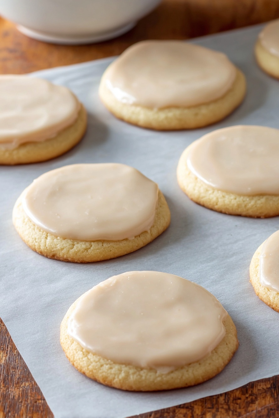 Perfect Sugar Cookies, easy sugar cookies, soft sugar cookies, vanilla sugar cookies, decorative sugar cookies - The image shows eight round cookies arranged with space between each one on white baking paper over a wooden surface. Each cookie has two layers: a pale golden base with a soft texture, and a smooth, light brown glossy icing layer evenly spread on top, almost matching the cookie's size. The cookies appear freshly baked and the surface of the icing is slightly shiny and smooth. The background includes a blurry white bowl at the top edge. photo taken with an iphone --ar 2:3 --v 7