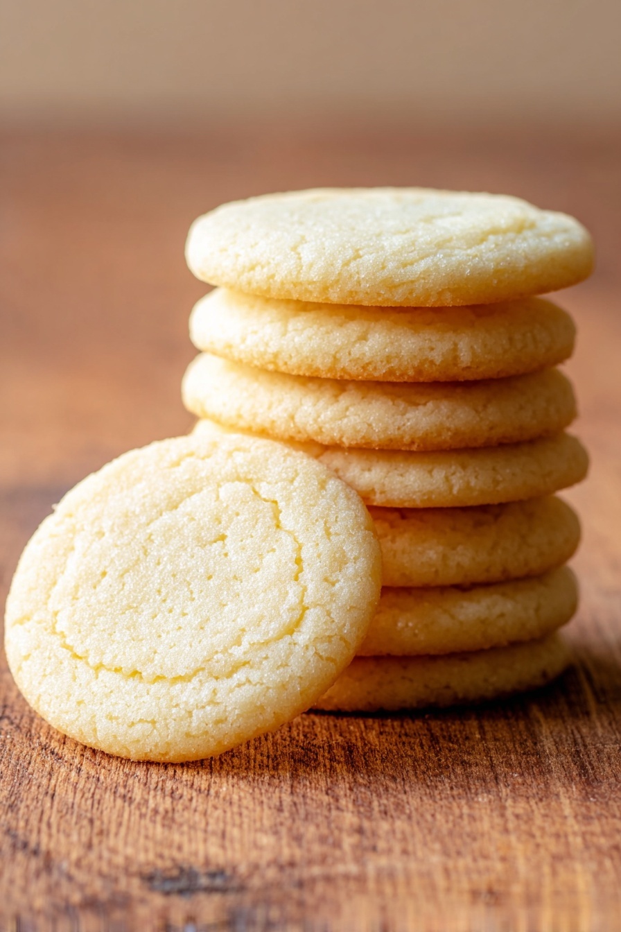 Perfect Sugar Cookies, easy sugar cookies, soft sugar cookies, vanilla sugar cookies, decorative sugar cookies - A stack of six soft, pale yellow cookies is shown close up, with each cookie having a smooth, slightly cracked surface and a soft texture. The cookies are evenly stacked, with slight rise and gentle edges that look soft and chewy. The stack is placed on a white marbled surface, with warm, natural light highlighting the cookie's fine crumb and soft details. The background is blurred to keep the focus on the cookies. photo taken with an iphone --ar 2:3 --v 7