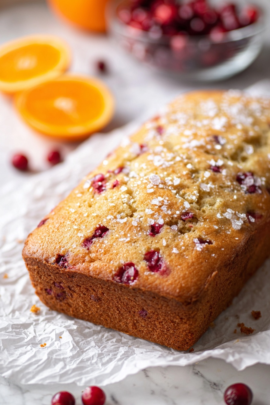 Cranberry Orange Cake, Cranberry Orange Cake Recipe, festive citrus cake, easy fruit cake, moist citrus dessert - A golden-brown rectangular cake with a slightly rough texture, dotted with small red berries embedded on the top and sides, sits on crinkled white parchment paper. The top has a light sprinkling of coarse sugar crystals that catch the light. On the left side, there are two orange halves and a few scattered red berries, while in the blurred background, a glass bowl filled with more red berries and part of an orange is visible. All is set against a white marbled surface. Photo taken with an iphone --ar 2:3 --v 7