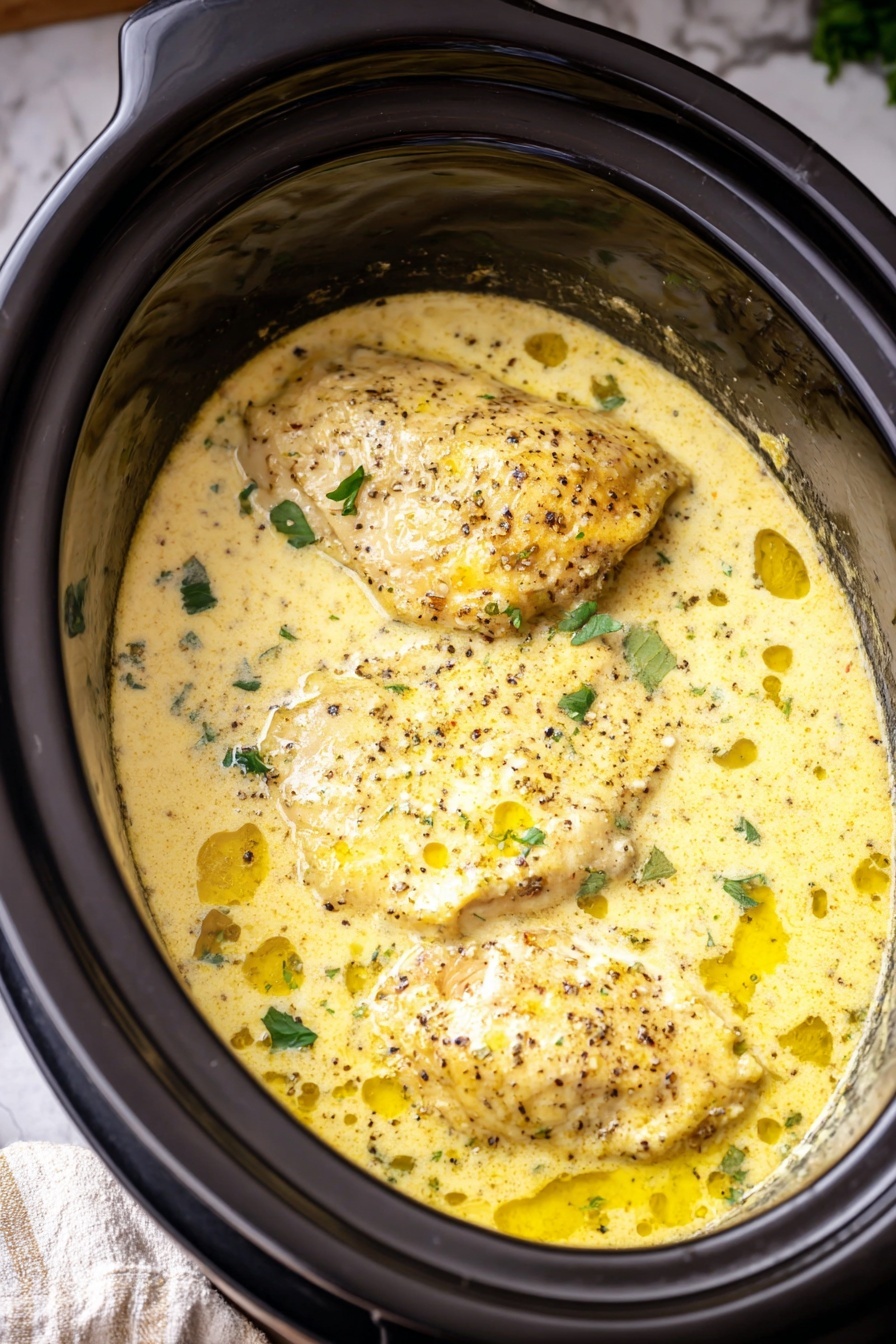Creamy Crock Pot Angel Chicken, easy crock pot chicken recipes, rich creamy chicken dinner, foolproof slow cooker chicken, comforting crock pot chicken dish - Inside a dark slow cooker, there is a creamy yellow sauce with black pepper and small green herb pieces scattered on top. Two pieces of golden brown chicken are partially covered by the sauce. The creamy sauce has a smooth texture with some small bubbles and herbs floating on the surface. The slow cooker is placed on a white marbled surface with part of a cloth visible on the side. photo taken with an iphone --ar 2:3 --v 7