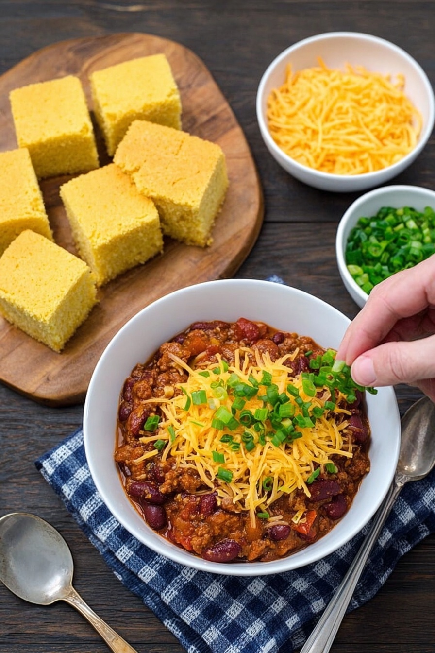 Slow Cooker Chili, hearty chili recipe, easy slow cooker dinner, beef chili, cozy chili dish - A white bowl filled with chili made of beans and meat, topped with shredded yellow cheese and chopped green onions as the top layer; behind it, a small white bowl holds shredded yellow cheese, and a smaller white bowl contains more chopped green onions; to the left, there is a wooden cutting board with six evenly sliced square cornbreads arranged in two rows; in the foreground, a woman's hand sprinkles chopped green onions over the chili bowl; all items are placed on a dark wooden surface with a blue and white checkered cloth next to a spoon; photo taken with an iphone --ar 2:3 --v 7