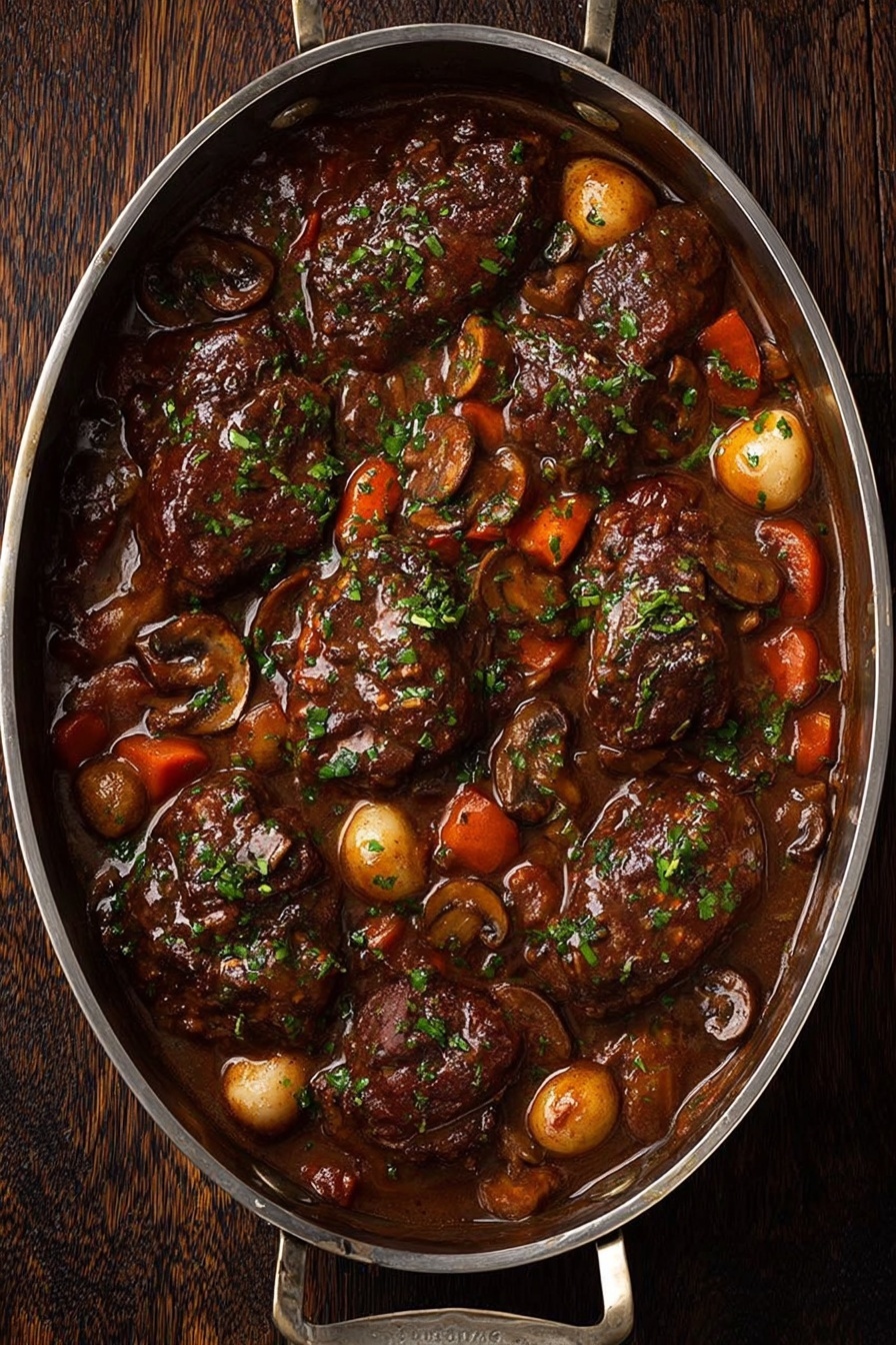 Coq au Vin, Easy Coq au Vin, French chicken stew, Braised chicken recipes, Classic French dishes - A large oval metal pot filled with rich dark brown stew showing seven pieces of thick cooked meat on top. The stew also has round golden onions, sliced brown mushrooms, and chunky orange carrot pieces mixed throughout, all covered with a thick, shiny sauce. Small green chopped herbs are sprinkled evenly over the entire dish. The pot sits on a dark wooden surface. photo taken with an iphone --ar 2:3 --v 7