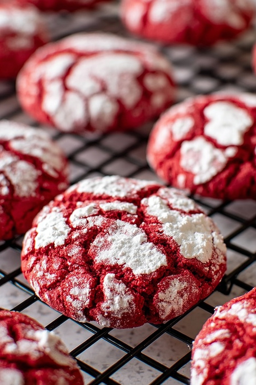 Red Velvet Crinkle Cookies, red velvet cookies, holiday cookies, crackle cookie recipe, chocolate red velvet cookies - The image shows several round red cookies with bright white powdered sugar unevenly spread on top, creating a cracked pattern that reveals the rich red color underneath. The cookies are placed on a black cooling rack, which has a grid pattern, and the texture of the cookies looks soft and slightly crumbly. The background shows more cookies out of focus, giving depth to the image, all sitting on a white marbled surface. The photo is taken with an iphone --ar 2:3 --v 7