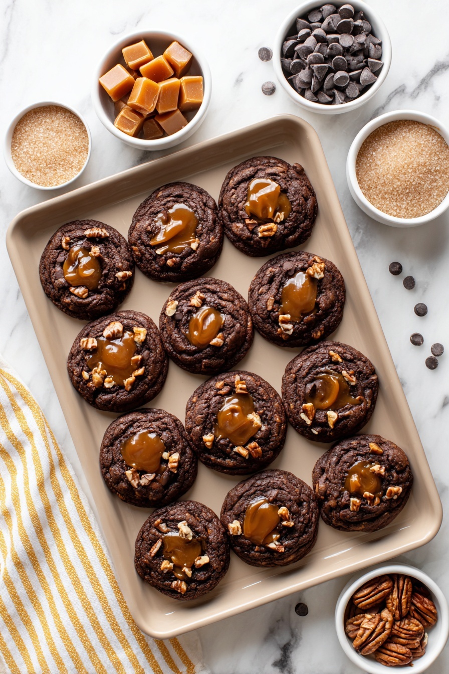 Chocolate Caramel Turtle Cookies, easy chocolate caramel cookies, nutty turtle cookies, caramel chocolate dessert, holiday cookie recipes - A tray with 15 dark brown round cookies arranged in five rows and three columns, each cookie topped in the center with a caramel pool. Around the caramel are small pieces of chopped pecans and chocolate chips scattered over the cookies. The tray is beige and placed on a white marbled surface. Above the tray are four small white bowls containing dark chocolate chips, pecan halves, whole caramel candies, and light brown sugar. A white and yellow striped cloth is placed on the bottom left corner of the surface. Photo taken with an iphone --ar 2:3 --v 7