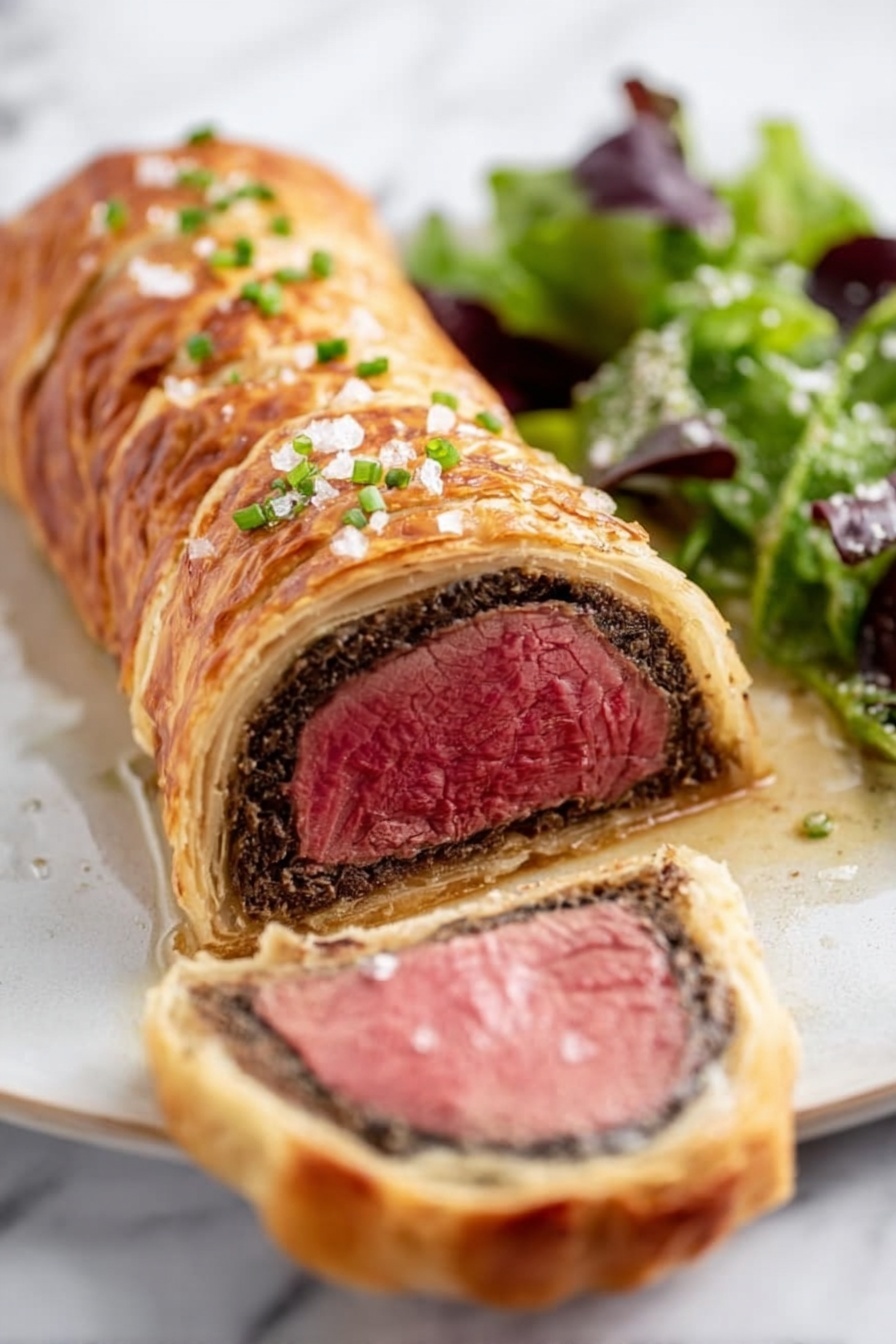 Beef Wellington, Beef Wellington how to make, Homemade Beef Wellington, Best Beef Wellington recipe, Elegant beef Wellington - A Beef Wellington loaf is sliced into three pieces showing layers from outside to inside: a shiny golden-brown flaky pastry crust with light flakes scattered around, a thin green herb layer inside the crust, then a rich brown mushroom mixture, and a thick center of pink juicy beef. The three pieces are placed on a wooden board with some green chopped herbs sprinkled on and near them. In the background, there is a small white bowl filled with chopped green herbs and a folded white cloth with a black grid pattern. The scene rests on a white marbled surface. Photo taken with an iphone --ar 2:3 --v 7