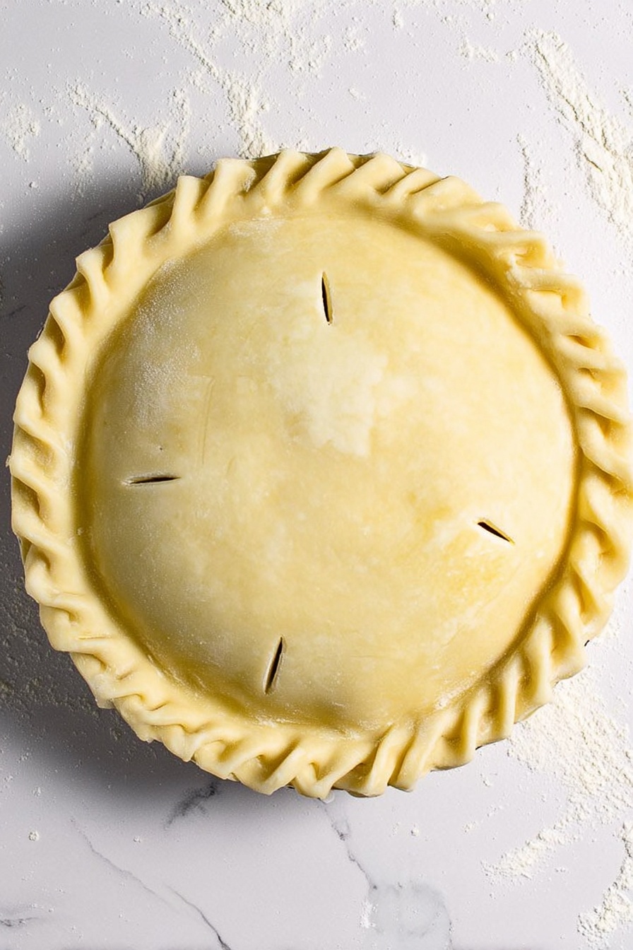 Cheddar Bacon Potato Pie, hearty potato pie, easy bacon and cheddar baked dish, savory potato and bacon casserole, homemade flaky pie crust - A round pie with one top layer of smooth, light yellow dough, tightly covering the filling beneath. The edge of the pie has a thick, crimped border with a wavy pattern. There are four small, straight slits evenly spaced in the center of the top dough layer for steam to escape. The pie sits on a flat white surface with a white marbled texture, showing some scattered flour nearby. photo taken with an iphone --ar 2:3 --v 7