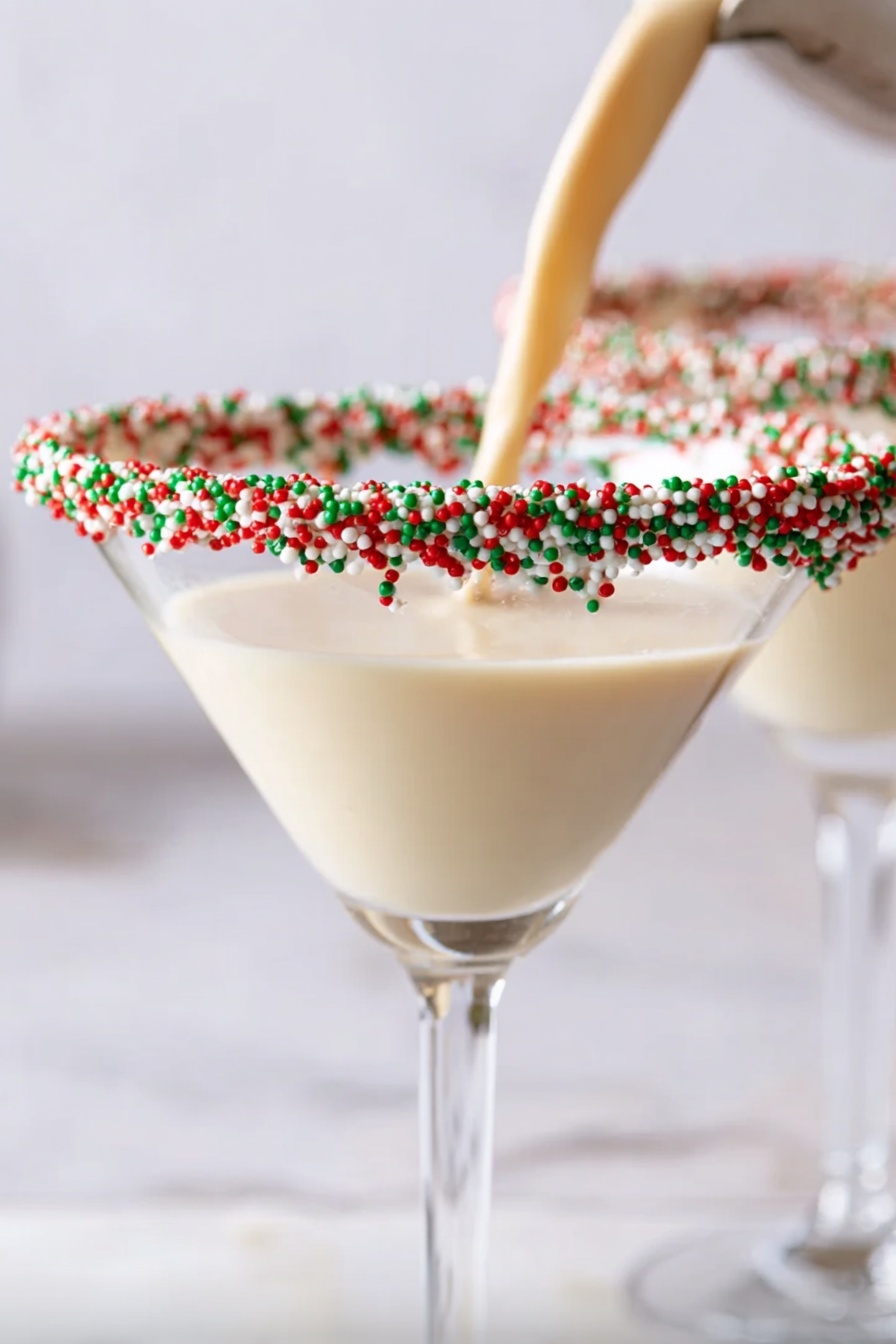 Sugar Cookie Martini, festive cookie martini, holiday cocktail recipes, creamy dessert drinks, easy holiday cocktails - A clear martini glass sits on a white marbled surface, filled with a creamy beige liquid. The rim of the glass is covered in white, green, and red round sprinkles, adding a festive touch. A woman's hand is pouring more of the same creamy drink into the glass from above. In the blurred background, there is another martini glass with the same drink. photo taken with an iphone --ar 2:3 --v 7