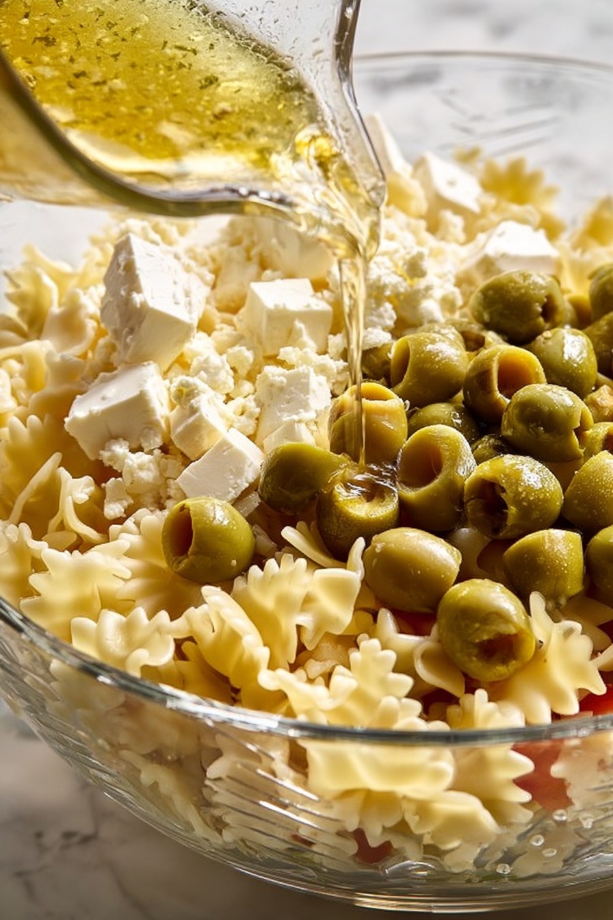 Dirty Martini Pasta Salad, pasta salad with olives and feta, flavorful cocktail-inspired pasta dish, easy summer pasta salad, if you love martinis - A close-up image shows a clear glass bowl filled with layered pasta salad on a white marbled surface. At the bottom, there is a layer of pale cream-colored pasta with a ruffled edge. On top, there are many green olives, some whole and some sliced, scattered unevenly across the pasta. Next to the olives, there are white chunks of cheese, some with a crumbly texture and others more solid, layered on one side of the bowl. A woman's hand is pouring a light yellow dressing from a small glass container over the salad. The photo is clear and bright, highlighting the fresh ingredients and different textures. Photo taken with an iphone --ar 2:3 --v 7