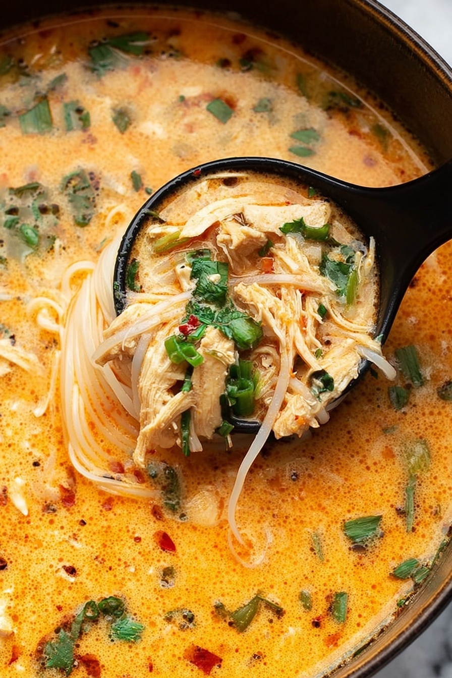 Thai Chicken Curry Soup, Thai chicken coconut soup, easy Thai curry soup, spicy chicken coconut soup, quick Thai soup recipes - The image shows a close-up of a creamy orange soup with thin white noodles and small pieces of shredded light brown chicken. The soup is garnished with bright green chopped herbs, mostly cilantro and green onions, floating on top. A black ladle holds a scoop of noodles and chicken, partially lifted from the soup. The surface of the soup looks smooth with some specks of black pepper and red chili flakes. The background is a white marbled texture. photo taken with an iphone --ar 2:3 --v 7