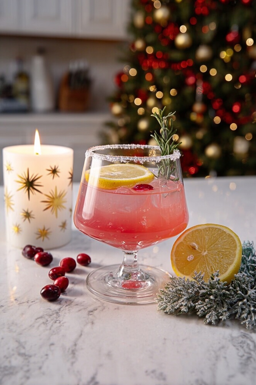 Festive Lemon Drop Cocktail, holiday lemon cocktails, citrus holiday drinks, easy lemon cocktail, Christmas cocktail ideas - A clear glass with a wide bowl holds a pink drink with a sugared rim, a slice of yellow lemon, a small green rosemary sprig inside, and small red berries floating in the drink. The glass stands on a white marbled surface with scattered red berries around it. To the left, there is a lit white candle with gold star designs, and to the right, there is a half lemon and a small green pine branch decorated with red berries and white frost. In the background, a decorated Christmas tree with red and gold round ornaments is visible in a soft kitchen setting. photo taken with an iphone --ar 2:3 --v 7