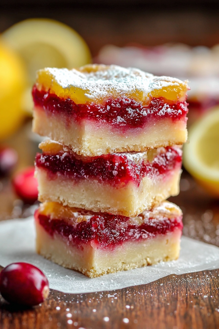 Cranberry Lemon Bars, lemon bars with cranberries, tart and sweet dessert, easy holiday dessert, fruity lemon bar recipe - The image shows square lemon cranberry bars with three visible layers: a pale, crumbly crust at the bottom, a bright red cranberry layer in the middle, and a smooth, glossy yellow lemon layer on top. The lemon layer is dusted with a light sprinkle of white powdered sugar. The bars are placed on light brown parchment paper, on top of a wooden surface, surrounded by fresh cranberries and two lemon halves on the left side. The focus is on one bar in the front, with the rest slightly blurred in the background. The scene is warm and natural, with soft light highlighting the texture and colors. photo taken with an iphone --ar 2:3 --v 7
