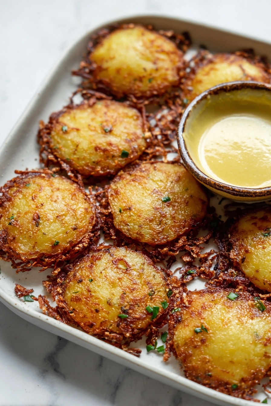 Cheese Crusted Potatoes with Roasted Garlic Aioli, crispy cheese potato side dish, roasted garlic aioli recipe, cheesy potato appetizer, flavorful potato sides - A white plate holds several crispy, golden-brown potato pancakes with rough, crunchy edges and a slightly patterned surface, sprinkled lightly with green herbs. On the side of the plate, there is a small ceramic bowl filled with smooth, creamy, pale yellow sauce. The plate is set on a white marbled surface, creating a clean and bright background. Photo taken with an iphone --ar 2:3 --v 7