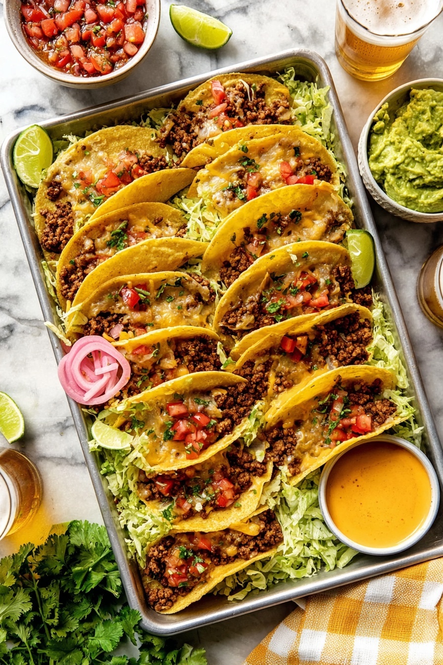 Crispy Baked Beef Tacos with Chipotle Crema, baked beef tacos, crispy beef tacos, chipotle crema recipe, easy taco night ideas - A metal tray filled with ten soft golden tortillas folded in half, each filled with browned ground meat mixed with melted cheese and topped with small pieces of red tomato and green herbs, all resting on a bed of shredded pale green lettuce. Thin slices of bright pink pickled onions and lime wedges are placed on top and around the tray. On the side are three small white bowls: one with smooth green guacamole, one with red and white tomato salsa, and one with a creamy orange sauce. The tray sits on a white marbled surface with a glass of beer and some fresh green cilantro nearby. A white and yellow checkered cloth partly covers the bottom right corner. photo taken with an iphone --ar 2:3 --v 7