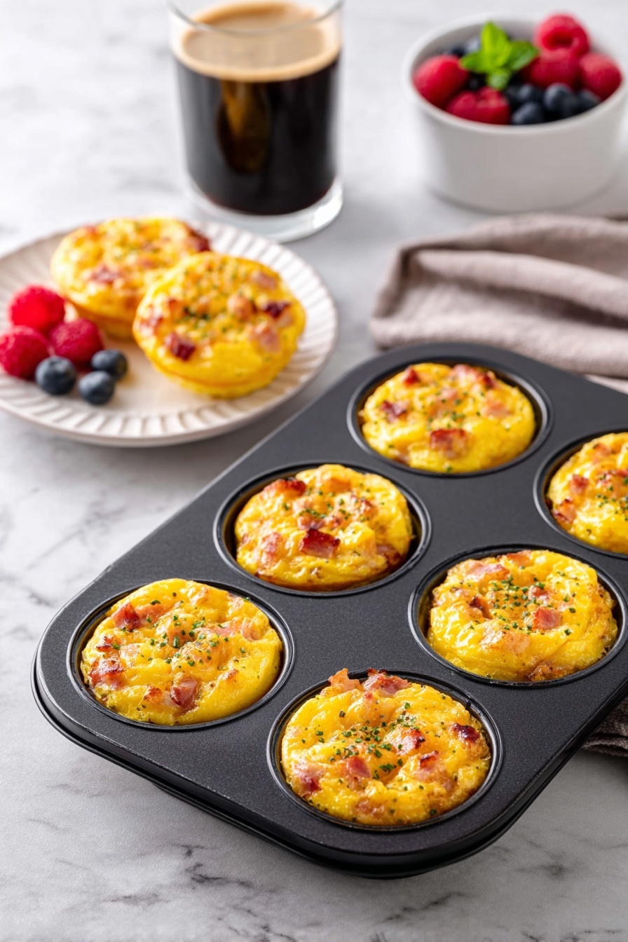 Healthy Egg Bites, healthy egg bites recipe, easy egg bites, nutritious breakfast ideas, homemade egg bites - A black muffin tray holds six golden yellow egg muffins, each filled with bits of browned ham and melted cheese, topped with small green herb sprinkles. Nearby, four more egg muffins rest on a white fluted plate, accompanied by fresh red raspberries and blueberries. To the left, a glass of dark coffee with light foam sits on a white marbled surface, and to the right, a small white bowl contains more blueberries and raspberries with a small green mint leaf on top. Photo taken with an iphone --ar 2:3 --v 7
