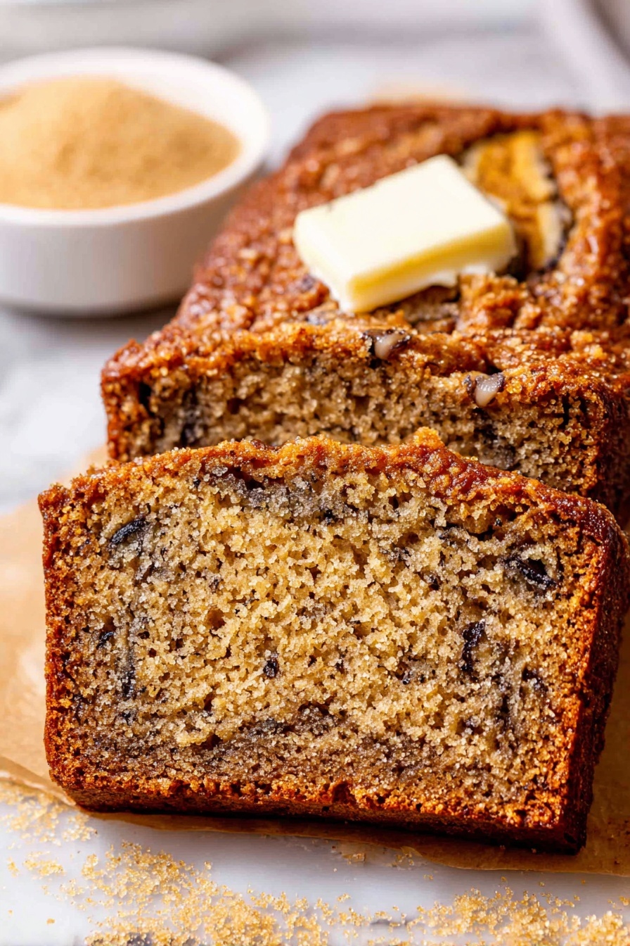 Moist Banana Bread, Best Banana Bread, Easy Banana Bread Recipe, Soft Banana Bread, Banana Bread with Oat Flour - A close-up view of a single thick slice of nut bread resting on crinkled parchment paper on a white marbled surface. The bread has a rough, golden-brown crust that looks crunchy and textured on top and around the edges. Inside the slice, the soft, moist crumb is light golden with scattered dark pieces of nuts giving a speckled pattern across the slice. The shape is a neat rectangle with slightly rounded corners and the crumb looks dense but tender. In the background, there are some blurred white bowls on the white marbled surface. Photo taken with an iphone --ar 2:3 --v 7