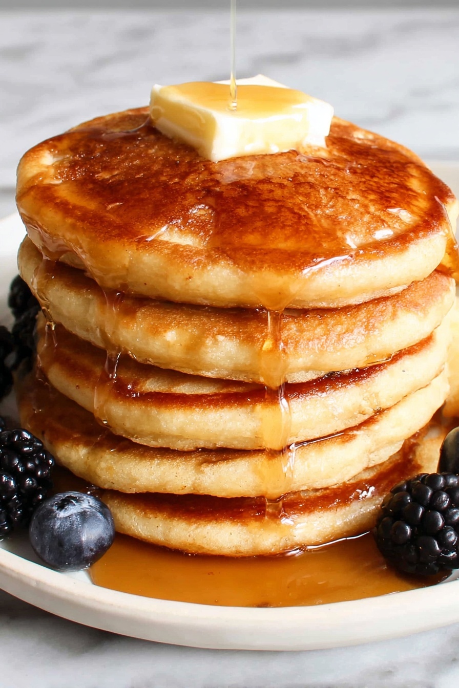 Healthy Greek Yogurt Pancakes, Greek Yogurt Pancakes, Healthy Breakfast Recipes, Fluffy Pancakes, Protein Pancakes - A white plate with four thick golden-brown pancakes stacked closely together, one pancake has a square pat of melting butter on top with syrup dripping over it, another pancake is being drizzled with amber syrup, creating a glossy texture. Around the pancakes are fresh blackberries and blueberries adding dark purple and blue colors as accents. A silver fork lies on the left side of the plate, resting on the white marbled surface. The pancakes have a detailed, slightly crispy edge and soft bubbles on the surface, showing a warm, inviting texture. photo taken with an iphone --ar 2:3 --v 7