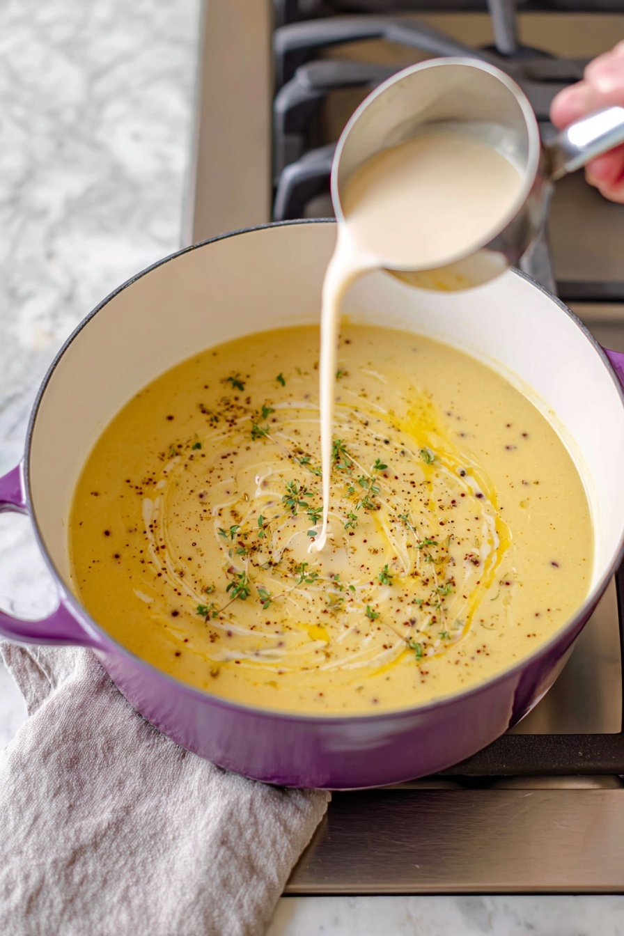 Creamy Potato Leek Soup, potato leek soup, easy creamy soup recipes, cozy vegetable soups, comforting leek soup - A large purple pot with a white inside holds a thick yellow soup or sauce with small dark specks. A woman's hand is holding a metal measuring cup pouring a light cream-colored liquid into the pot. The pot sits on a gas stove, and the background shows stainless steel and white marbled surfaces. The image is bright with natural light. photo taken with an iphone --ar 2:3 --v 7