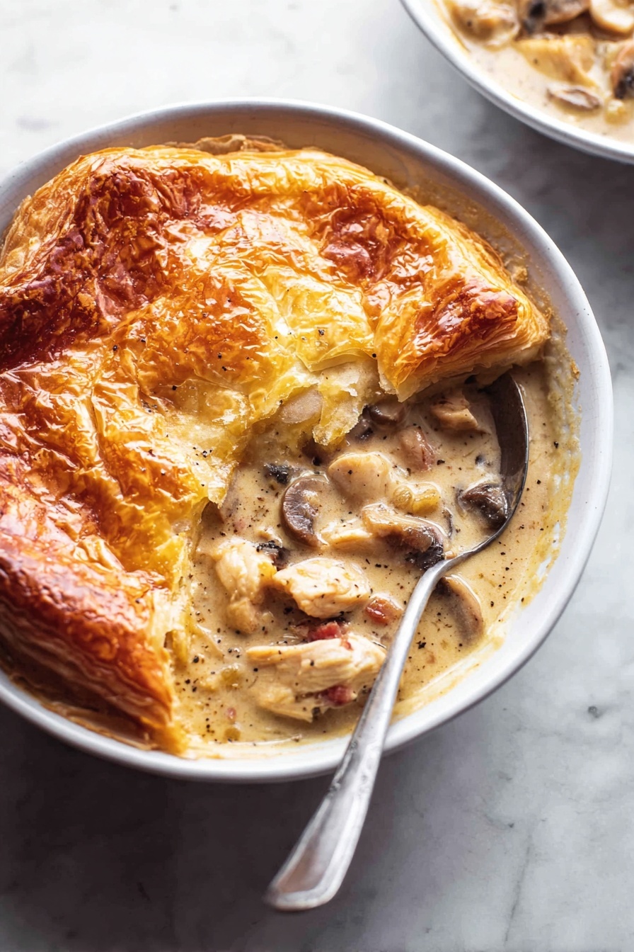 Chicken Mushroom Puff Pie, Chicken Mushroom Pie, savory puff pastry pie, homemade puff pastry pie, comforting chicken mushroom dish - A white pie dish sits on a white marbled surface holding a golden brown pie with a thick, crispy crust that is puffed and uneven around the edges, showing a deep amber color from baking. One section of the crust has been lifted slightly by a spoon, revealing a creamy filling with chunks of light brown and beige ingredients, some speckled with black pepper. The filling appears smooth and rich, contrasting with the flaky texture of the crust above. photo taken with an iphone --ar 2:3 --v 7