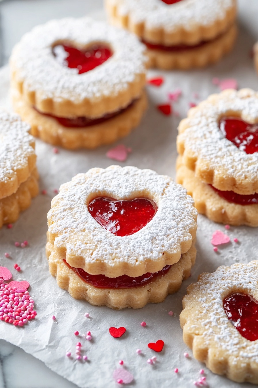 Raspberry Linzer Cookies, Linzer Cookies recipe, raspberry sandwich cookies, almond butter cookies, festive cookie recipes - The image shows several round cookies with scalloped edges, stacked in two layers on a metal rack over white parchment paper. Each cookie has two layers: a bottom layer of pale golden dough and a top layer of the same dough dusted with powdered sugar, with a heart-shaped cutout in the center revealing bright red jam inside. The red jam filling is shiny and thick, and small heart-shaped sprinkles in various shades of pink and red are scattered around the cookies on a white marbled surface. A spoon with red jam lies to the side beside a glass jar partially visible, adding a touch of vibrant color. photo taken with an iphone --ar 2:3 --v 7