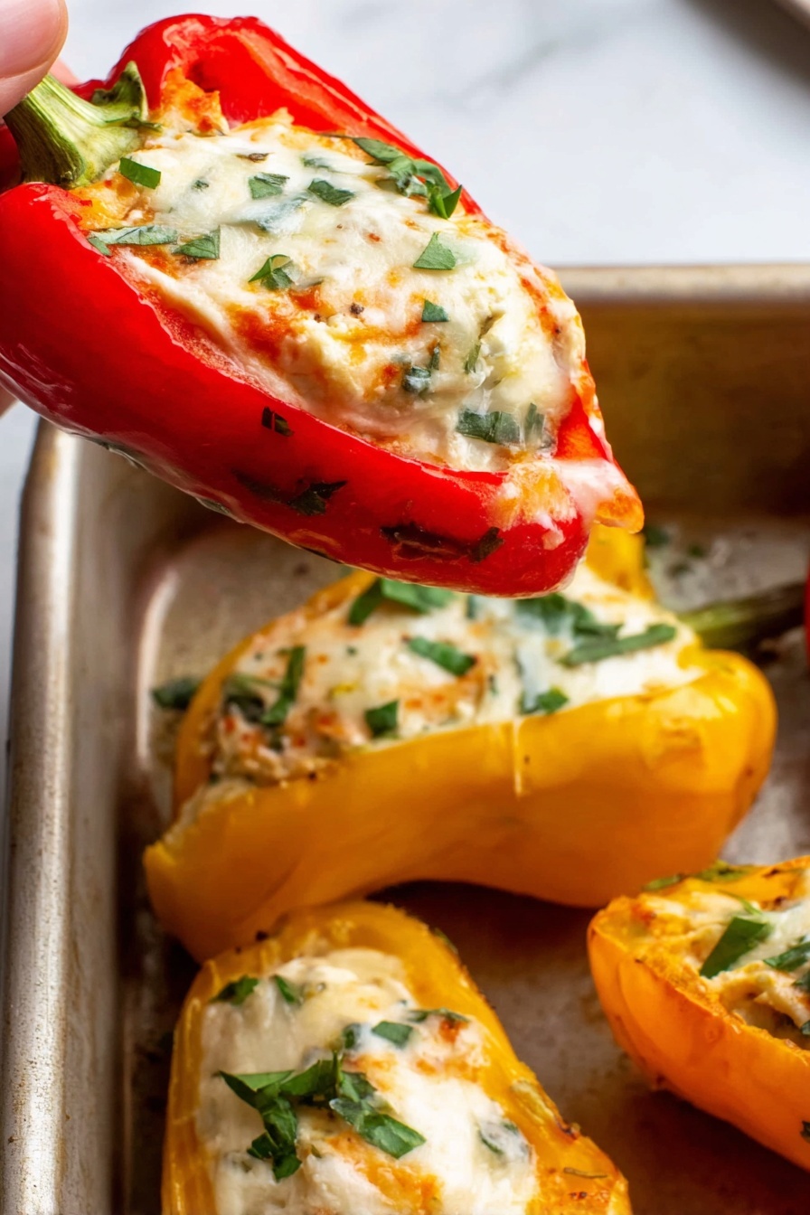 Cream Cheese Stuffed Mini Peppers, Mini Pepper Appetizer, Stuffed Mini Peppers Recipe, Easy Party Snacks, Cheesy Mini Peppers - A close-up image shows a woman's hand holding a bright red pepper half stuffed with a creamy, white cheese mixture with small green herb pieces mixed inside. Below it, there are other pepper halves, mostly yellow, also filled with the same cheesy mixture and sprinkled with chopped green herbs. The peppers sit inside a metal baking pan placed on a white marbled surface. The shiny, slightly melted cheese topping has a smooth texture, topping soft, stuffed peppers with visible herbs on top. Photo taken with an iphone --ar 2:3 --v 7
