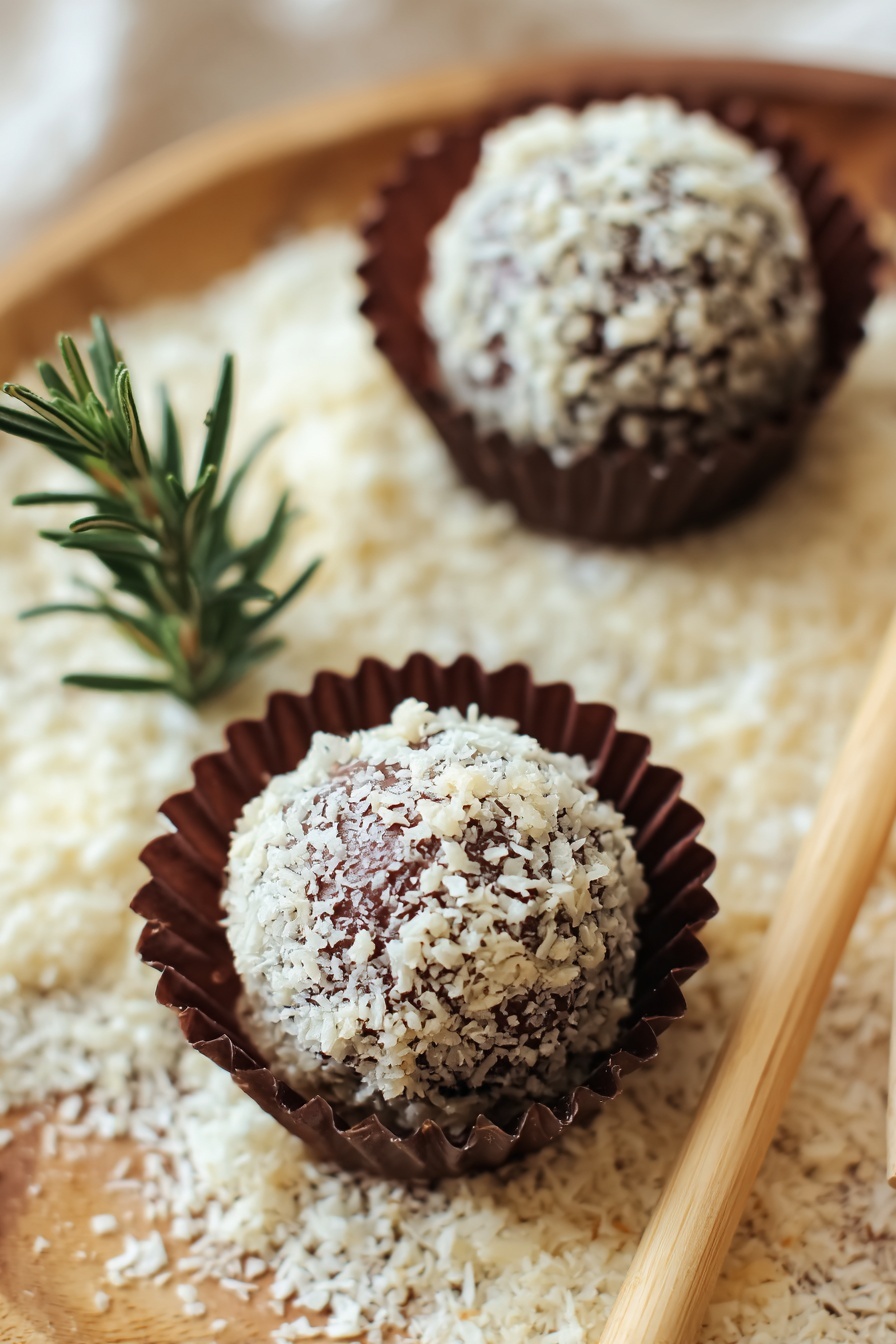 Easy Bourbon Ball, Bourbon Ball, No-Bake Bourbon Treat, Quick Holiday Dessert, Alcohol-infused Candy - Two round chocolate balls are each placed inside dark brown ridged paper cups sitting on a bed of light beige shredded coconut flakes. The chocolate balls have rough, crumbly white flakes covering their surfaces unevenly. A small sprig of green rosemary is placed on the left side, adding a touch of color. The background is a soft, light wood texture. Two light wooden sticks rest on the lower right corner. The photo is framed with a light tan border and some small brush stroke designs. Photo taken with an iphone --ar 2:3 --v 7