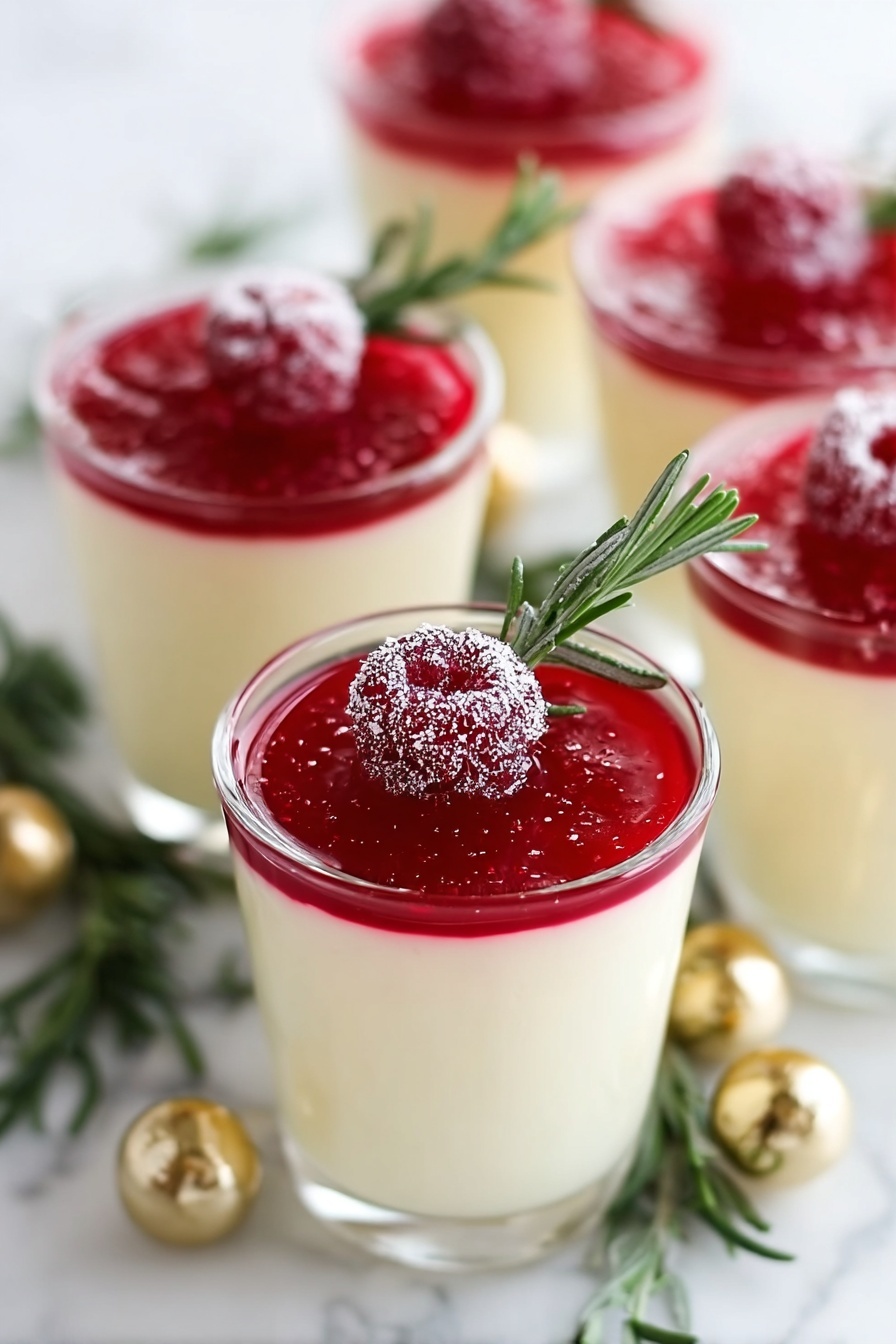 Eggnog Panna Cotta with Spiked Cranberry Sauce, festive holiday dessert, creamy panna cotta recipe, boozy cranberry sauce, Christmas dessert ideas - A small clear glass holds a two-layer dessert, with the bottom layer a smooth, pale yellow pudding filling about three-quarters of the glass. On top is a bright red jelly layer, thin but firm, with a sugared red berry placed near the edge. A shiny gold spoon sticks upright from the dessert. The glass sits on a white plate with a small sprig of green herb and a sparkly gold decoration beside it. In the background, there are similar glasses with the same dessert, placed on a white marbled surface, giving a clean and bright look. Photo taken with an iphone --ar 2:3 --v 7