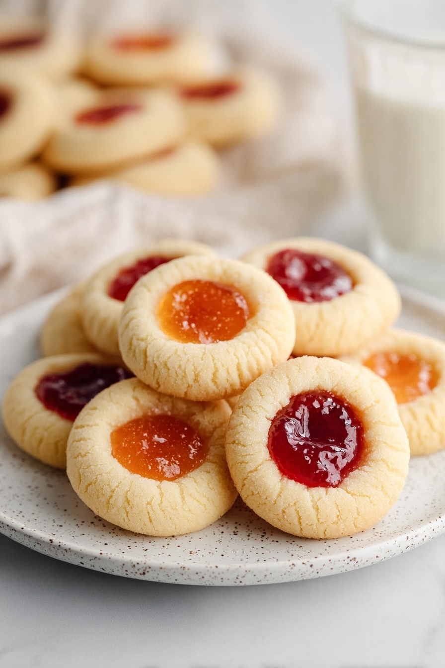 Thumbprint Cookies with Jam, thumbprint cookies, jam-filled cookies, buttery thumbprint cookies, holiday cookie recipes - The image shows a close-up of a round cookie with a soft beige dough forming a slight dome shape. At the center of the cookie, there is a small pool of shiny orange jam that looks smooth and glossy, sitting slightly below the dough edge. The cookie surface is lightly textured with a crumbly appearance, contrasting with the wet and thick look of the jam. The cookies are placed on a sheet of parchment paper with a light off-white tone. The background and surface have a white marbled look. photo taken with an iphone --ar 2:3 --v 7