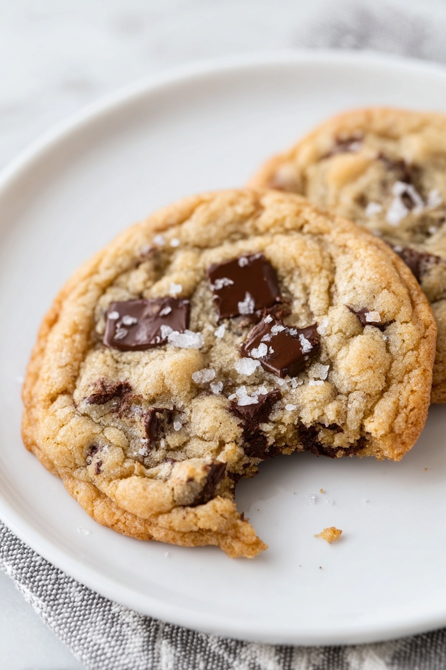 Chewy Chocolate Chip Cookies, best chocolate chip cookies, soft chewy cookie recipe, homemade chocolate chip cookies, easy chocolate chip cookies - Two chocolate chip cookies sit on a white plate against a white marbled texture. The cookie in the front has a golden-brown edge with a slightly crisp look, while the center is soft and light brown with chunks of dark chocolate chips and pieces. There are a few grains of coarse salt sprinkled on top. Part of the front cookie is bitten, showing a soft, chocolate-filled inside. The background surface is a white marbled texture with a folded grey and white cloth partially visible underneath the plate. Photo taken with an iphone --ar 2:3 --v 7