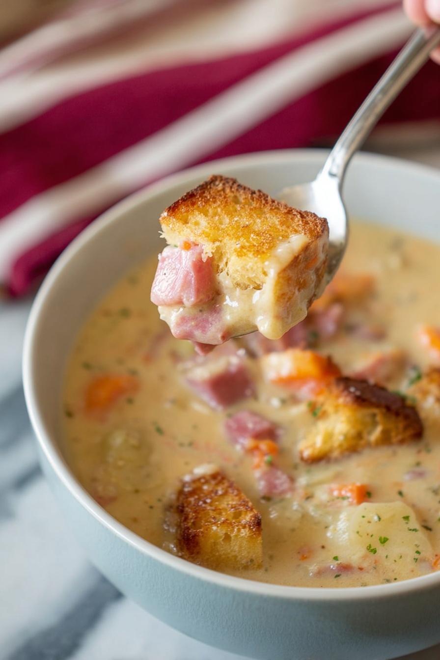 Reuben Soup with Corned Beef and Swiss, Reuben Soup recipe, hearty corned beef soup, creamy Swiss cheese soup, easy Reuben-inspired soup - A close-up of a spoon held by a woman's hand, lifting a creamy soup that contains visible pieces of orange carrot, pink ham, and light-colored potato chunks, topped with a golden brown toasted bread cube. Below the spoon, a white bowl filled with the same creamy soup is garnished with several toasted bread cubes floating on the surface. The soup looks thick and rich, with a smooth, light beige color speckled with bits of ham and vegetables. All this is placed on a white marbled surface with a blurred red and white striped cloth in the background. photo taken with an iphone --ar 2:3 --v 7