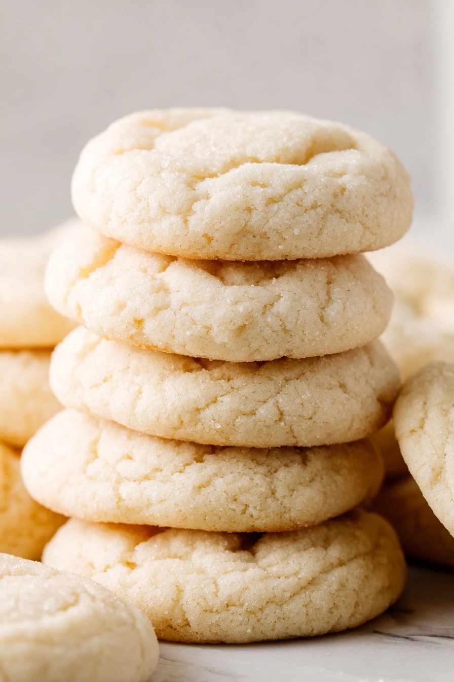 Amish Sugar Cookies, Amish Sugar Cookies recipe, soft buttery cookies, homemade Amish cookies, easy sugar cookie recipe - The image shows a close-up of several sugar cookies stacked on top of each other. Each cookie has a light golden color with a soft, slightly cracked surface, and a round, somewhat puffy shape. The cookies have a smooth, almost crumbly texture visible on the outside, and the edges show a gentle browning. The cookies are placed on a white marbled surface, filling the frame with no other items or background elements visible. photo taken with an iphone --ar 2:3 --v 7
