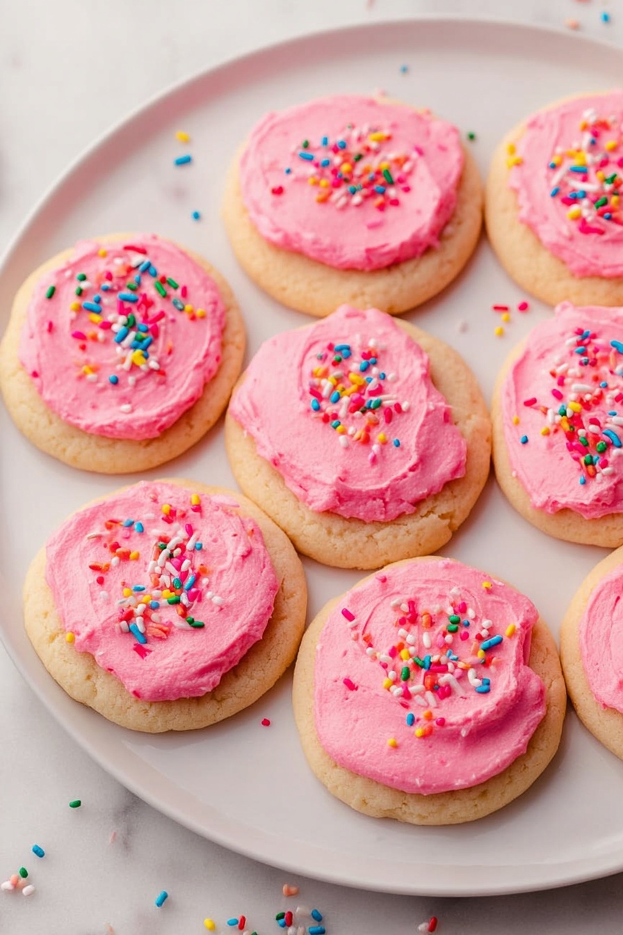 Soft Frosted Sugar Cookies, soft sugar cookies recipe, buttery sugar cookies with frosting, beginner-friendly sugar cookies, holiday sugar cookie ideas - The image shows a white plate holding nine round cookies, each topped with a thick layer of bright pink frosting. The cookies have a light golden-brown color and slightly rough texture. The frosting is creamy with a smooth, slightly uneven spread on each cookie, sprinkled with colorful rainbow sprinkles in reds, whites, blues, yellows, and greens. The plate sits on a white marbled surface with some sprinkles scattered around the edges. Photo taken with an iphone --ar 2:3 --v 7