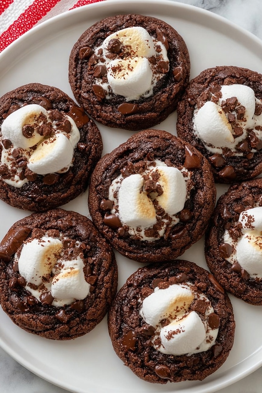 Hot Chocolate Cookies with Marshmallows, chocolate cookies with marshmallows, hot cocoa cookies, easy chocolate marshmallow cookies, cozy dessert recipes - The image shows a white plate filled with seven round chocolate cookies, each topped with a single white toasted marshmallow that has a soft, smooth texture and a slightly browned surface. The cookies are dark brown with visible chunks of melted chocolate scattered across the top, giving a rich and glossy look. The cookies are arranged in a neat group, covering most of the plate. The background is a white marbled surface, and a red and white striped cloth is partially visible in the top left corner. photo taken with an iphone --ar 2:3 --v 7
