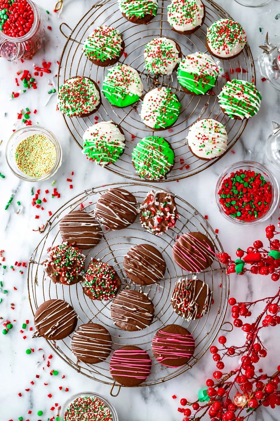 Christmas Chocolate Covered Oreos, festive Oreo dessert, holiday chocolate treats, easy Christmas cookies, Christmas Oreo dip - The image shows two round cooling racks on a white marbled surface, each filled with small round chocolate cookies decorated for Christmas. The cookies on the top rack are half dipped in white or green icing with colorful sprinkles in red, green, and white, and drizzled with thin lines of icing. The cookies on the bottom rack are covered with chocolate icing and topped with various sprinkles in festive colors like red, green, and white. Some have small red and green candy pieces, while others have thin pink icing stripes. Around the racks, there are small bowls filled with red and green sprinkles and candy, along with light bulbs filled with colorful decorations and red berry garlands. photo taken with an iphone --ar 2:3 --v 7