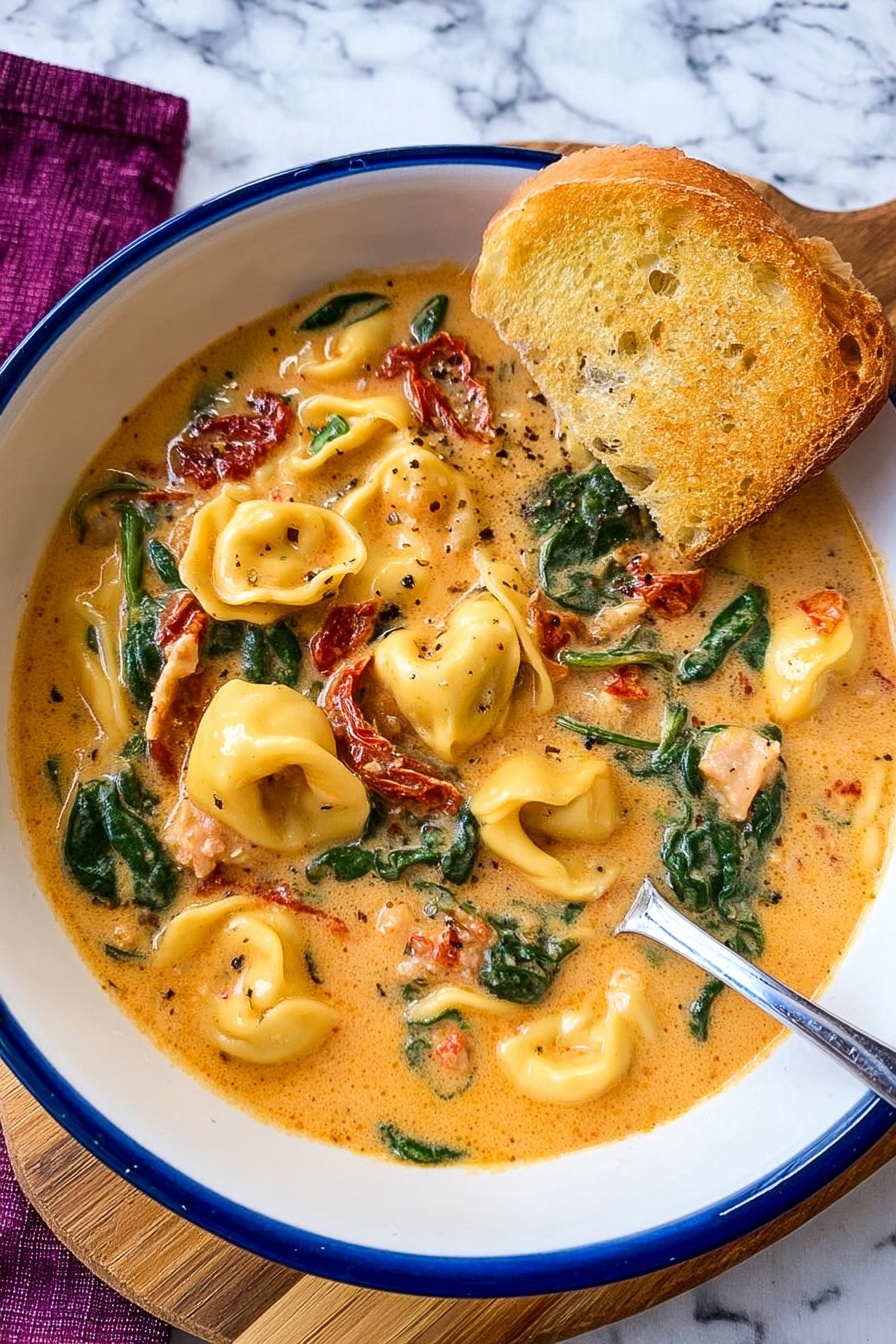 Creamy Tuscan Chicken Soup, creamy chicken soup, Tuscan chicken recipe, hearty chicken soup, easy comfort soup - A white bowl with a blue rim contains creamy orange soup filled with tortellini pasta, green spinach leaves, red sun-dried tomatoes, and chunks of white meat. A slice of golden toasted bread stands resting inside the bowl, partially dipped into the soup. A silver spoon is placed inside the bowl on the right side, slightly covered by the soup. The bowl sits on a wooden board with a white marbled surface background and a purple cloth visible at the top edge of the image. Photo taken with an iphone --ar 2:3 --v 7