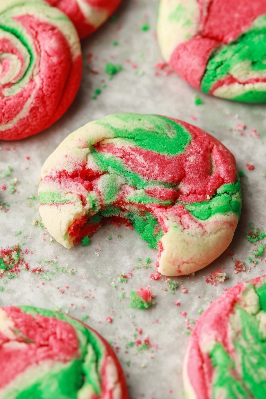 Peppermint Cheesecake Cookies, festive peppermint cookies, holiday cheesecake cookies, peppermint dessert recipes, soft peppermint cookies - The image shows several round cookies with swirls of red, green, and white colors on a baking tray. One cookie is broken in half, showing its soft inside with the same bright red and green swirls mixed with white dough. The cookies have a slightly wrinkled texture and uneven edges, with the colors blending in a marbled pattern. The background is a white marbled texture photo taken with an iphone --ar 2:3 --v 7