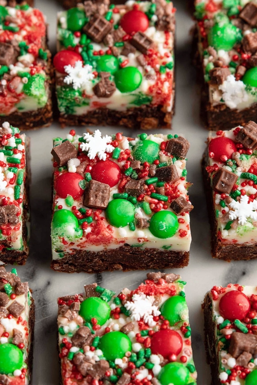 Christmas Brownie Bars with M&Ms, festive brownie bars, holiday chocolate dessert, easy Christmas brownie recipe, M&Ms brownie treats - This image shows nine square pieces of dessert arranged closely on a white marbled surface. Each piece has three visible layers: a dark brown base layer that looks like a brownie, a thick middle layer of creamy white frosting, and a top layer filled with red and green round candies, chocolate chunks, small white snowflake shapes, and red, green, and white sprinkles scattered evenly. The candies and toppings cover the entire surface of each square, making the top layer colorful and festive. photo taken with an iphone --ar 2:3 --v 7
