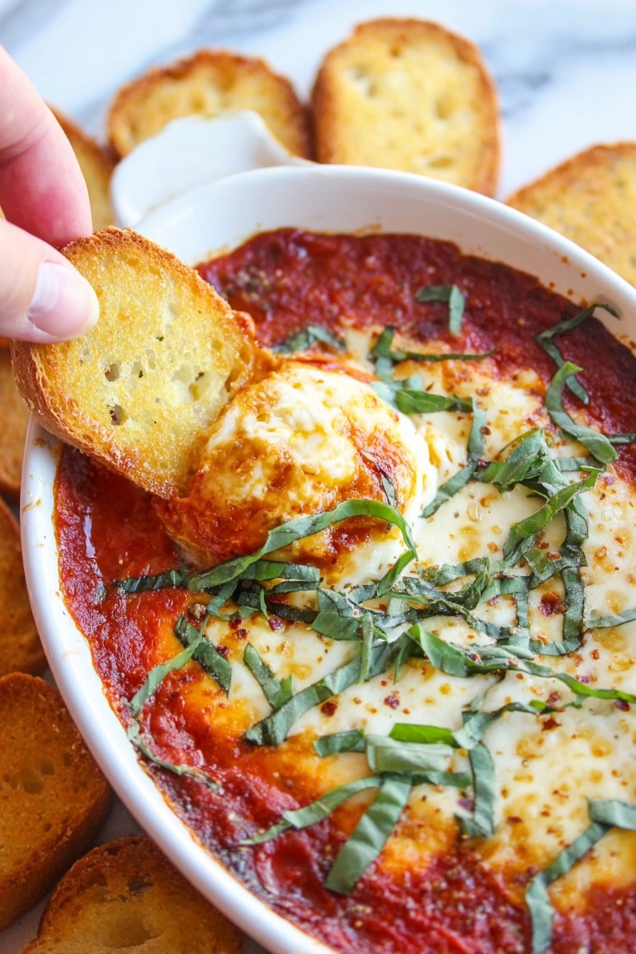 Goat Cheese Marinara Dip, easy goat cheese dip, savory appetizer recipe, tasty cheese and marinara dip, crowd-pleasing party dip - A close-up image shows a white oval dish filled with a tomato sauce layer that is thick and red, topped with a baked layer of melted cheese that is golden and slightly browned. Thin strips of fresh green basil are scattered over the cheese and sauce, adding a fresh touch. A woman's hand is dipping a small, golden toasted bread slice into the sauce on the left side of the dish. The dish is placed on a white marbled surface with more toasted bread slices visible around it. photo taken with an iphone --ar 2:3 --v 7