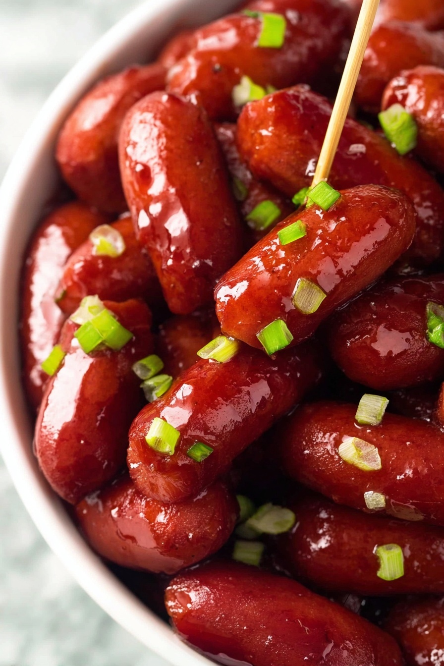 Crockpot BBQ Little Smokies, easy appetizer recipes, slow cooker party snacks, game day finger foods, crowd-pleasing smoky appetizers - A close-up view of a white bowl filled with small red sausages covered in a shiny sauce. The sausages are packed closely together, some skewered with a wooden toothpick standing upright in the center. Small pieces of bright green chopped scallions are sprinkled evenly over the sausages, adding a fresh touch. The glossy texture of the sauce highlights the smooth surface of the sausages, making them look juicy and flavorful. The bowl is placed on a surface with a white marbled texture photo taken with an iphone --ar 2:3 --v 7