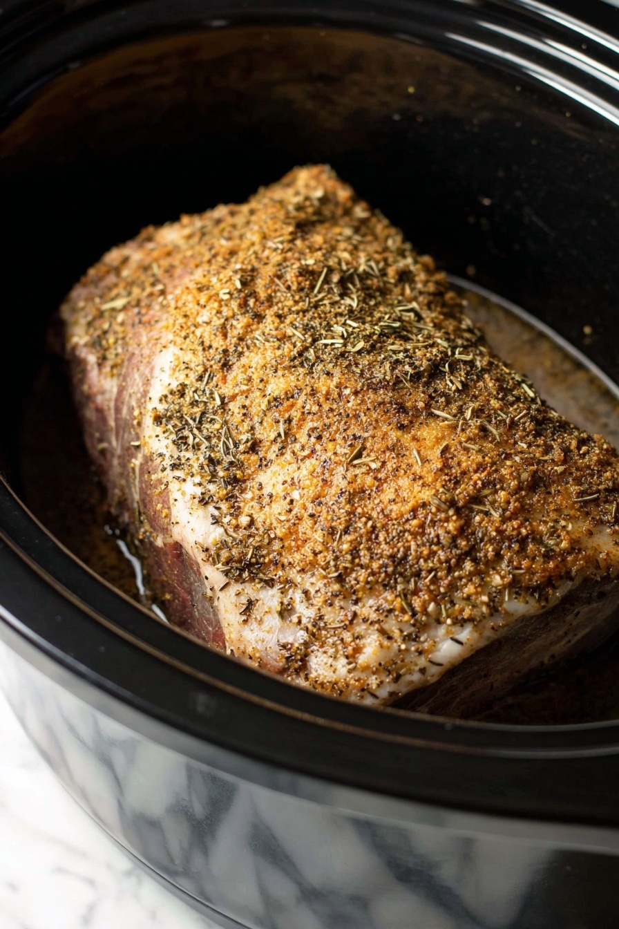 Crock Pot Pork Roast with Gravy, slow cooker pork loin dinner, easy pork roast recipe, tender pork roast with gravy, simple slow cooker pork meal - A large piece of meat covered with a crumbly spice and herb coating sits inside a black slow cooker. The meat has a light golden-brown color with visible small black and green herbs pressed into the crust. The slow cooker has a smooth shiny surface on the inside, creating a contrast with the rough and textured meat. The cooker is set on a surface with a white marbled pattern that is barely visible at the bottom edge of the image. The lighting highlights the spices and texture on the meat, making it look tender and well-seasoned photo taken with an iphone --ar 2:3 --v 7