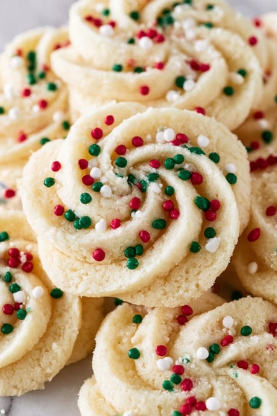 Butter Cookies, buttery cookie recipe, homemade butter cookies, easy butter cookies, soft butter cookies - A clear glass plate sits on a white marbled surface filled with round cookies in a swirl pattern with soft beige color. Each cookie is topped with tiny round sprinkles in red, green, and white, adding a festive touch. The cookies have a textured, slightly crumbly look with neat, spiraled ridges, arranged closely together and overlapping a bit. The background shows some blurred green pine branches and golden ornaments, hinting at a holiday setting. photo taken with an iphone --ar 2:3 --v 7