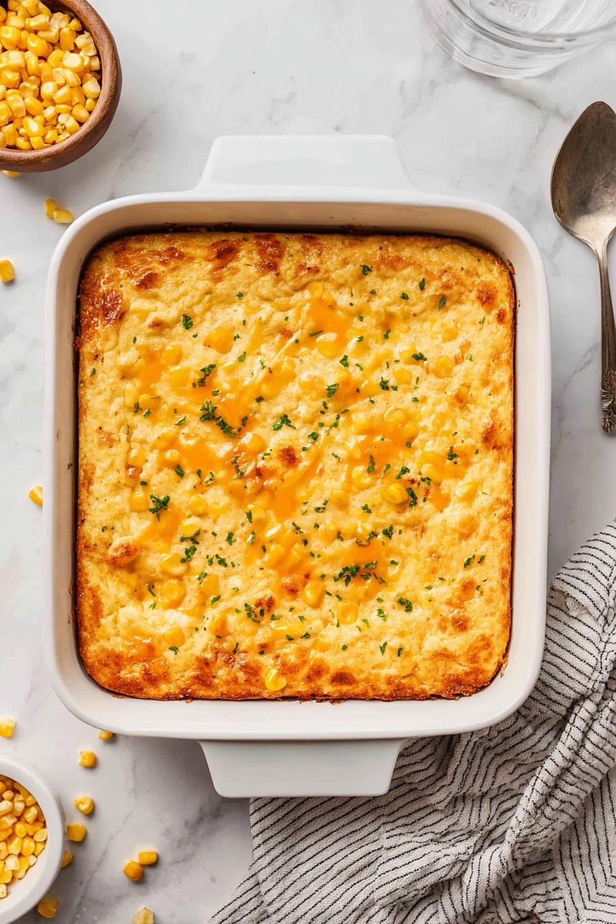 Creamy Cornbread Casserole, easy cornbread casserole, cheesy cornbread bake, comfort side dish, savory corn casserole - A square white baking dish holds a golden casserole with a slightly crispy top layer dotted with whole yellow corn pieces and melted orange cheese. The casserole surface is sprinkled with small bits of green herbs, giving a fresh contrast to the warm colors. The sides of the dish show the casserole's thick, soft texture, with a light brown crust along the edges. The casserole is set on a white marbled surface, with some loose corn kernels scattered nearby, a small bowl of corn to the left, a striped cloth napkin below, and a spoon to the right. Photo taken with an iphone --ar 2:3 --v 7