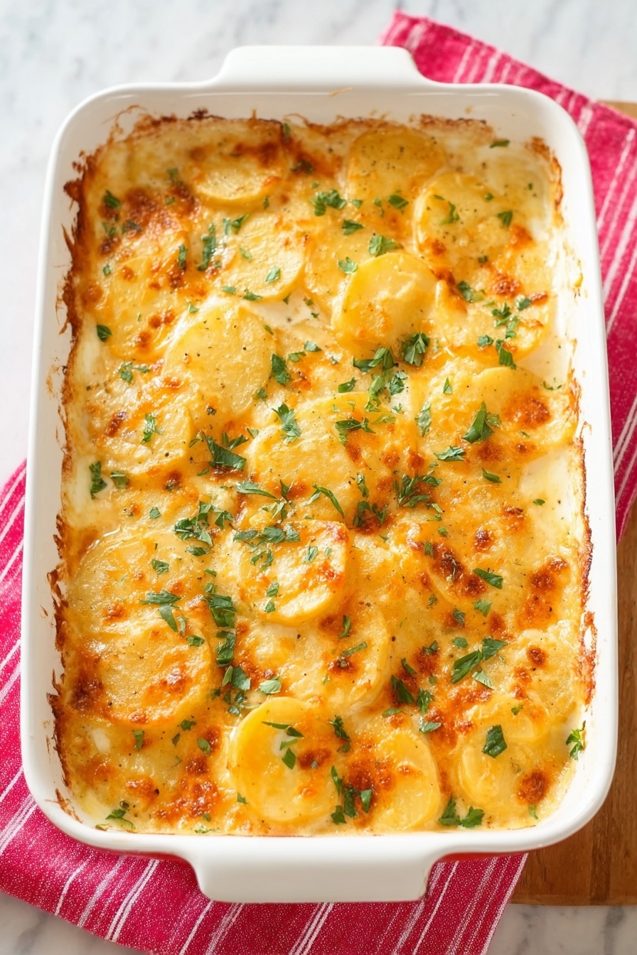 Cheesy Scalloped Potatoes, creamy potato casserole, cheesy potato bake, comfort food recipes, easy scalloped potatoes - A white rectangular ceramic dish filled with baked scalloped potatoes. The dish has one thick visible layer of sliced potatoes cooked in a creamy sauce with a golden-brown cheesy top. The cheese is melted and slightly browned, covering the round potato slices with some sprinkled green parsley leaves on top for garnish. The dish rests on a pink cloth with red stripes on a white marbled surface. Photo taken with an iphone --ar 2:3 --v 7