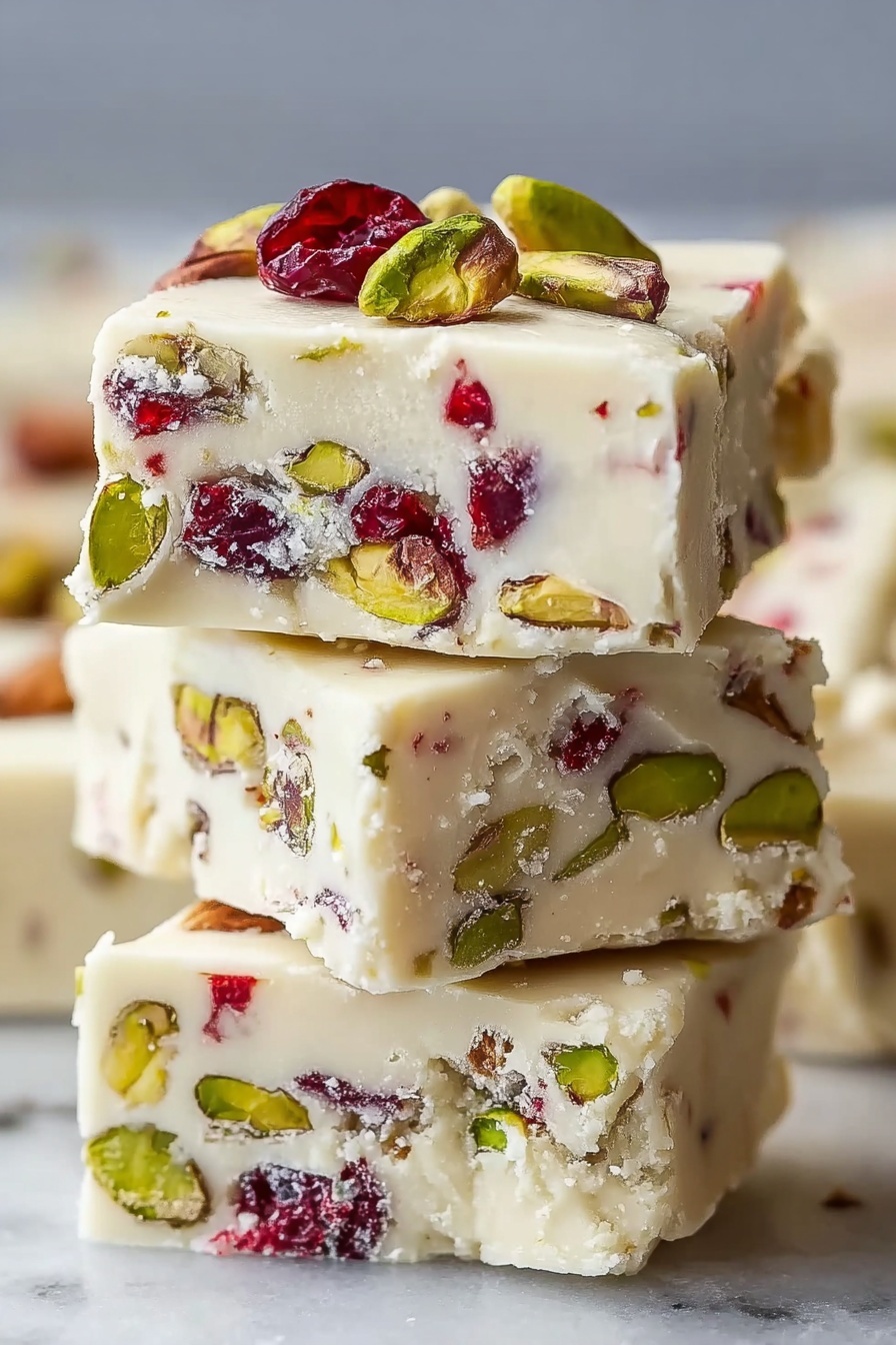 Cranberry Pistachio Shortbread Cookies, holiday shortbread cookies, fruity nut shortbread, white chocolate drizzle cookies, easy festive cookies - The image shows three square white fudge pieces stacked on a round white plate. Each piece is creamy with bits of green pistachios and red dried cranberries inside. The top piece has a light white glaze with whole pistachios on top. The fudge texture looks smooth but thick. Some pistachios and cranberry bits are scattered on the plate around the stack. The background is a white marbled texture. photo taken with an iphone --ar 2:3 --v 7