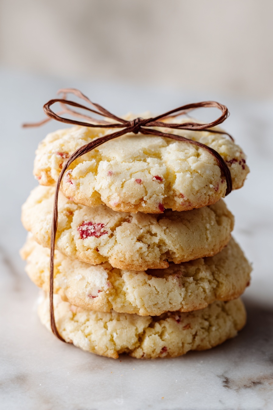 White Chocolate Candy Cane Cookies, Holiday Cookies, Festive Christmas Cookies, Candy Cane Cookie Recipe, White Chocolate Cookies - A small stack of four soft cookies sits on a white marbled surface. The cookies are pale cream colored with rough, slightly bumpy textures and light golden edges. They show bits of red scattered inside, giving a subtle splash of color through the pale dough. The top cookie is tied with a thin brown string tied in a bow, adding a simple touch. The background is softly blurred, keeping the cookies as the clear focus. photo taken with an iphone --ar 2:3 --v 7