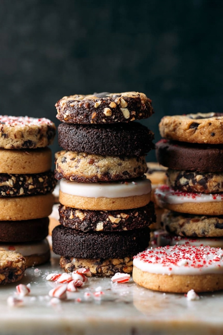 Slice and Bake Cookies with Flavored Doughs, flavored cookie doughs, easy slice and bake cookies, holiday cookie ideas, creative cookie recipes - There are three stacks of cookies on a white marbled surface. The left stack shows layers of light brown cookies and dark brown cookies with chopped nuts, alternating. The middle stack features five layers, starting from the top with a dark cookie with chopped nuts, then a light brown cookie with chocolate bits, another light brown cookie, a dark cookie half-coated in white icing, and a light brown cookie at the bottom. Pieces of crushed peppermint candy are scattered at the base. The right stack has several light brown and dark cookies with chopped nuts, some with white icing and red sprinkles on the side. The background is dark, showing texture contrast. photo taken with an iphone --ar 2:3 --v 7