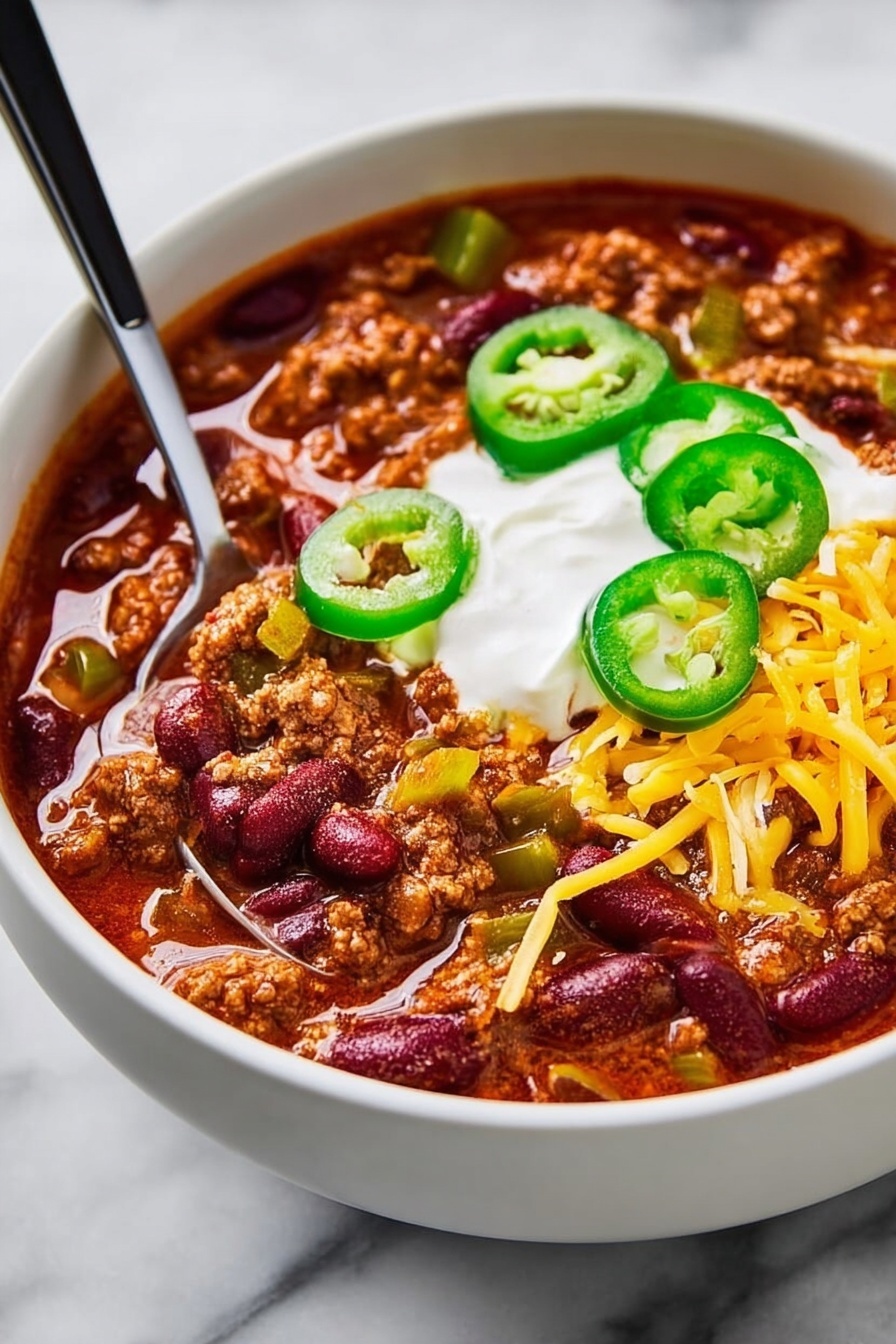 Slow Cooker Chili, hearty chili recipe, easy slow cooker dinner, beef chili, cozy chili dish - A white bowl filled with thick chili that has visible layers of dark red beans and brown cooked ground meat mixed with diced green bell peppers. On top, there is a bright layer of yellow shredded cheese, dollops of white sour cream, and slices of fresh green jalapeno peppers. A silver spoon with a black handle is resting inside the bowl, partially submerged in the chili. The bowl is placed on a white marbled surface. Photo taken with an iphone --ar 2:3 --v 7